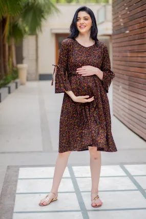 Black Floral Maternity & Nursing Front Zip Dress