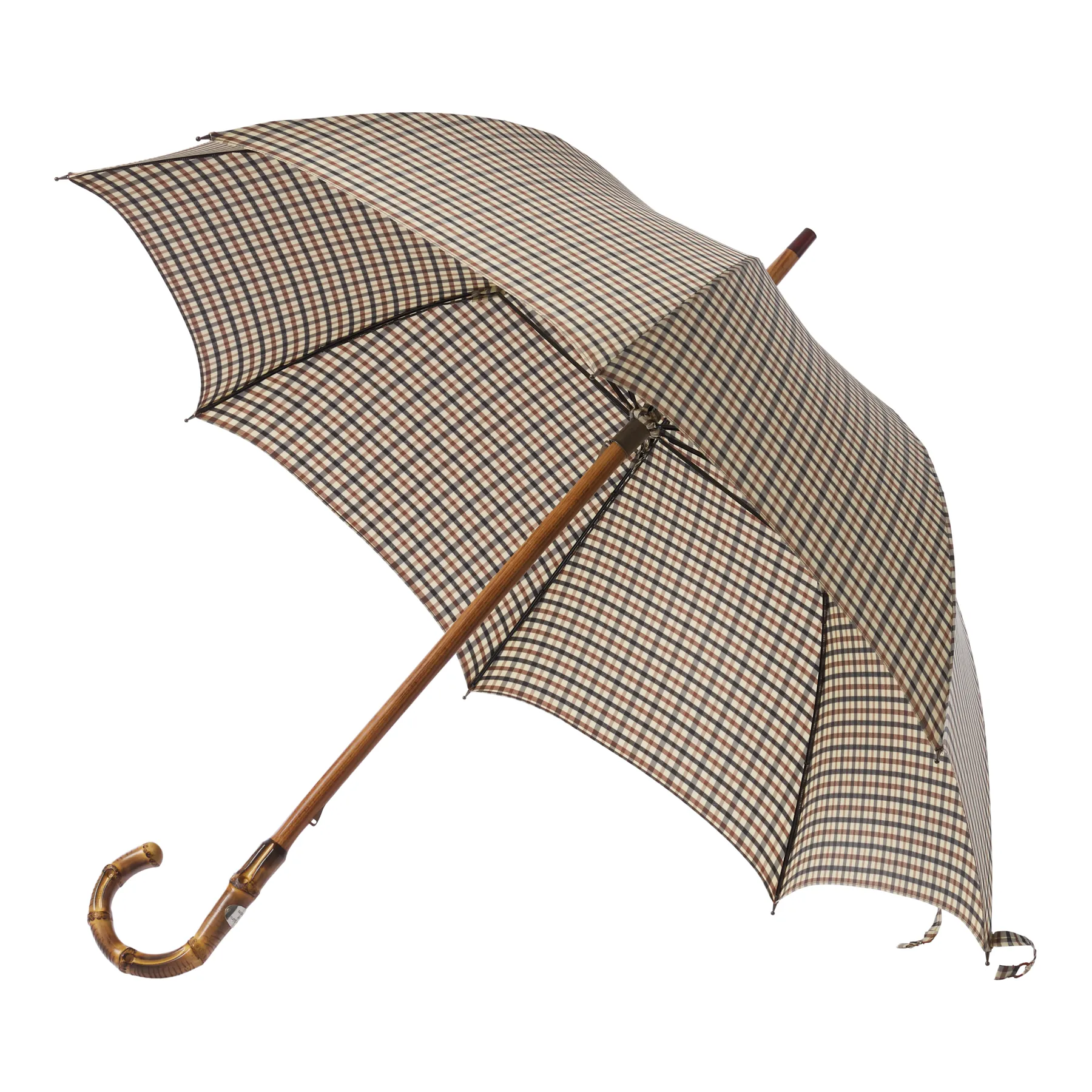  Bontoni Swan-Neck Mounted Bamboo-Handle Checked Umbrella in Brown