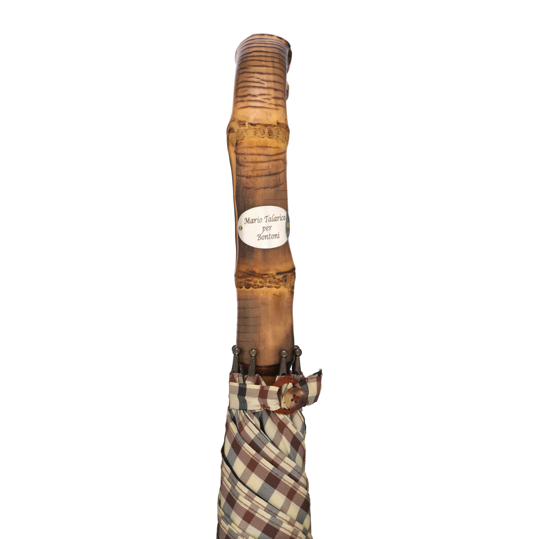  Bontoni Swan-Neck Mounted Bamboo-Handle Checked Umbrella in Brown