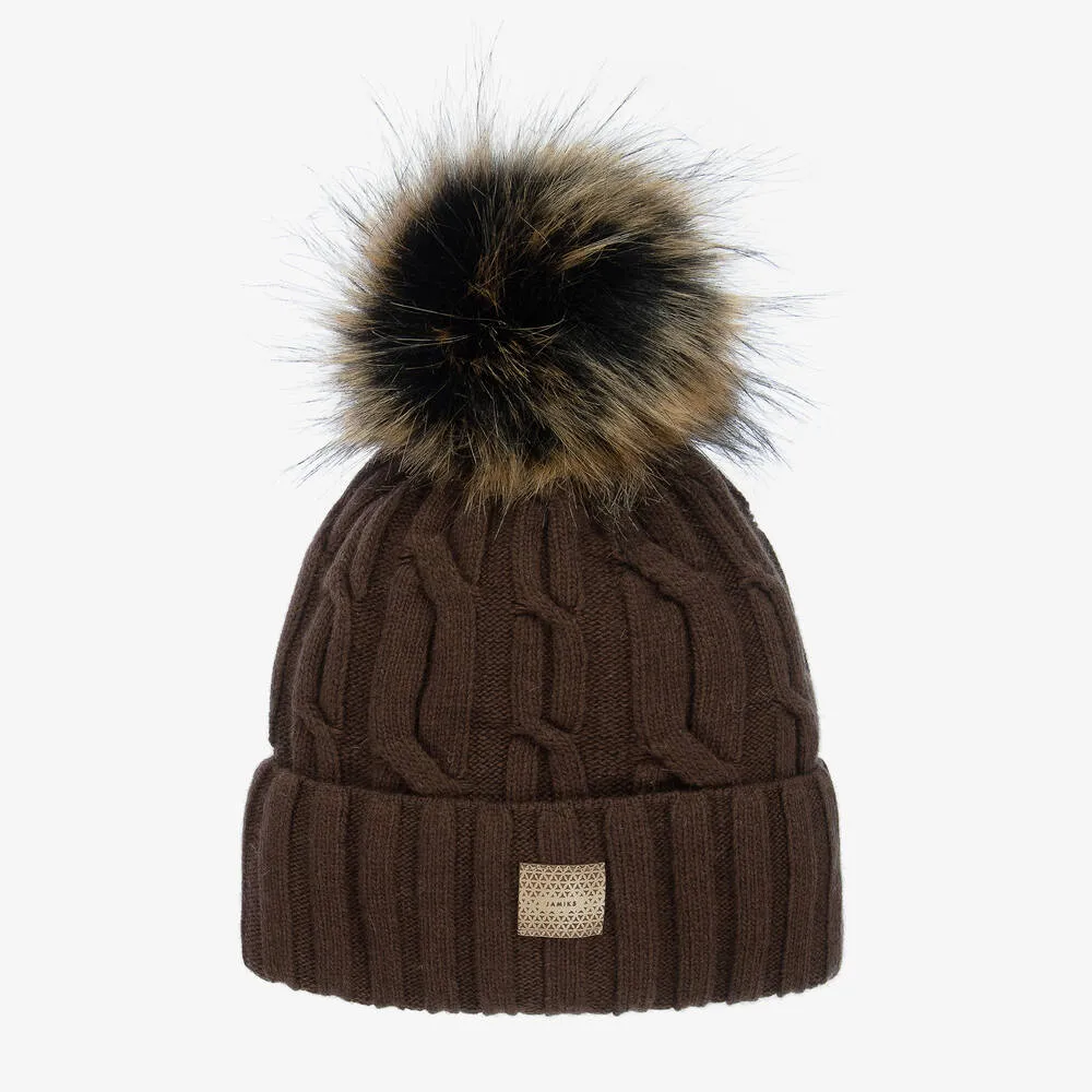 Boys Brown Knitted Pom-Pom Hat