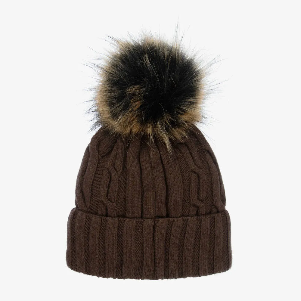 Boys Brown Knitted Pom-Pom Hat