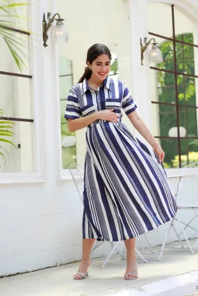 Breezy Navy Blue Striped Maternity & Nursing Dress