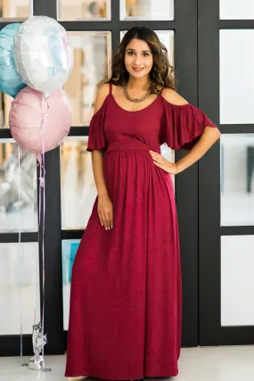 Burgandy Cold Shoulder Maternity Maxi Dress