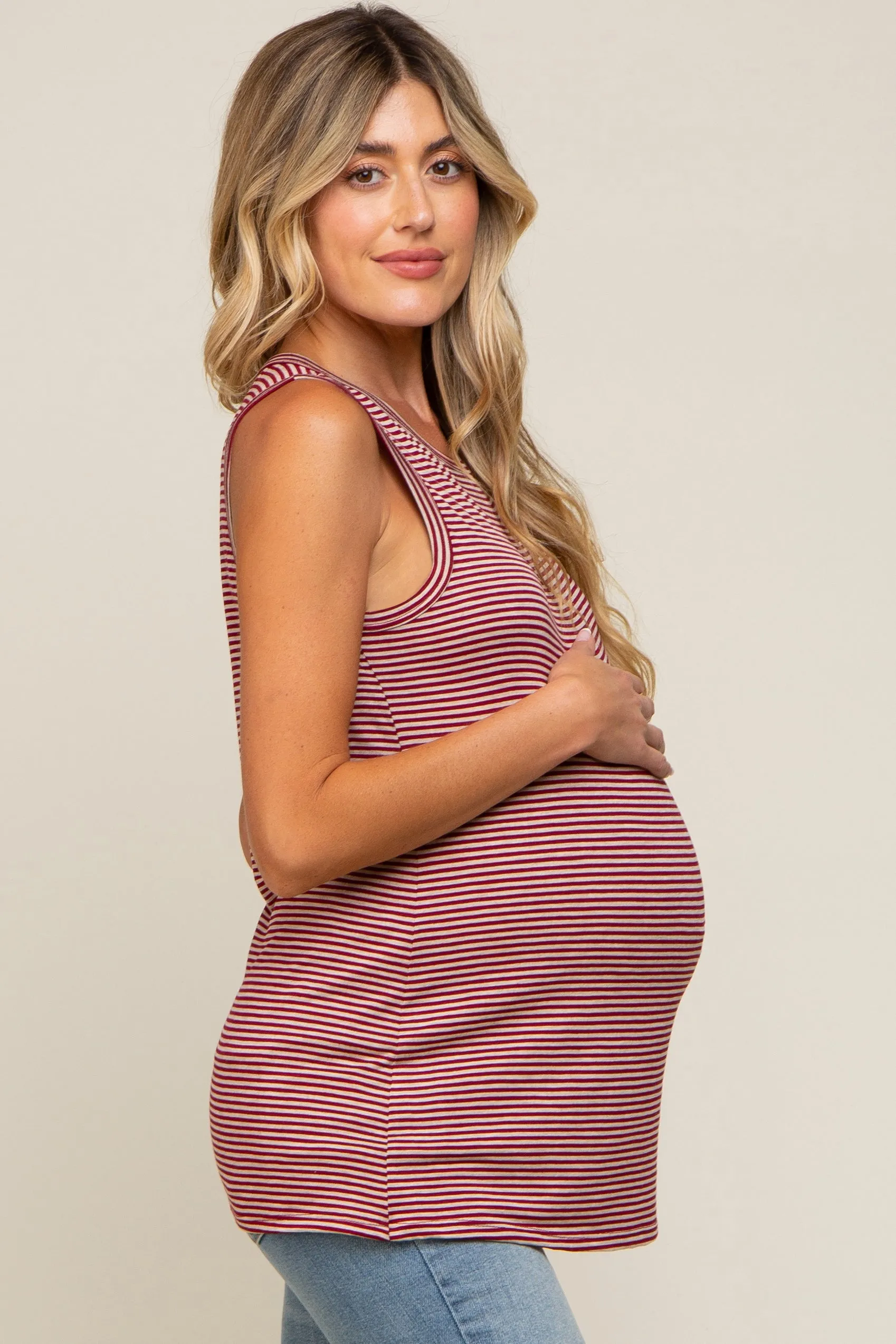 Burgundy Striped Sleeveless Maternity Tank Top