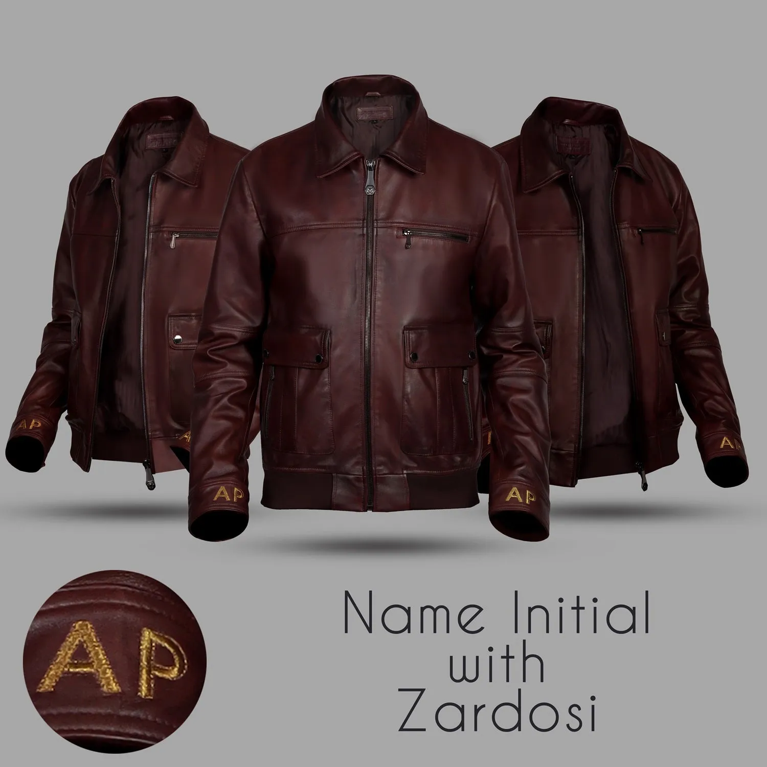 Dark Brown Leather Jacket Customized AP Embroidered Initial