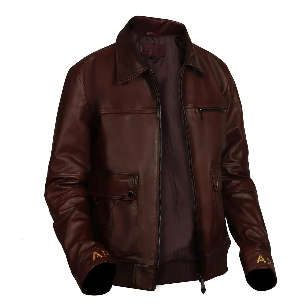 Dark Brown Leather Jacket Customized AP Embroidered Initial