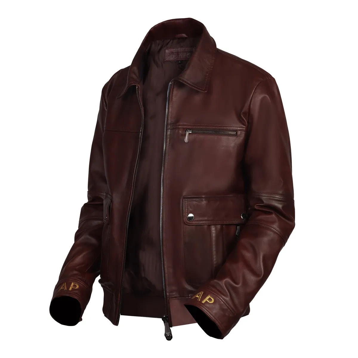 Dark Brown Leather Jacket Customized AP Embroidered Initial