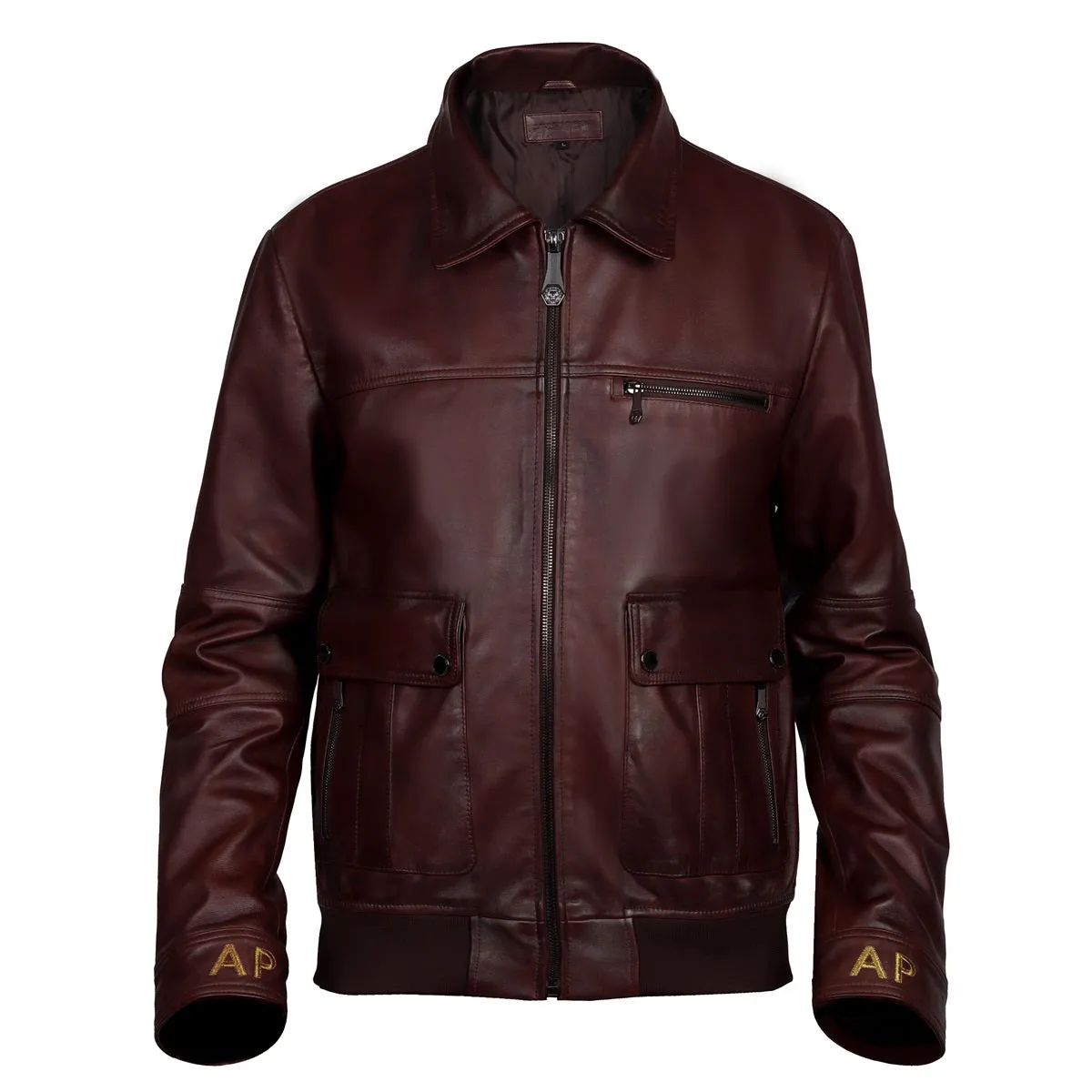 Dark Brown Leather Jacket Customized AP Embroidered Initial