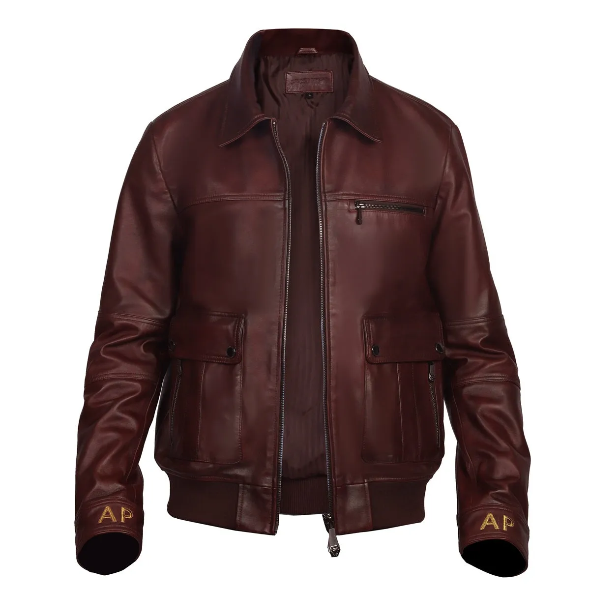 Dark Brown Leather Jacket Customized AP Embroidered Initial