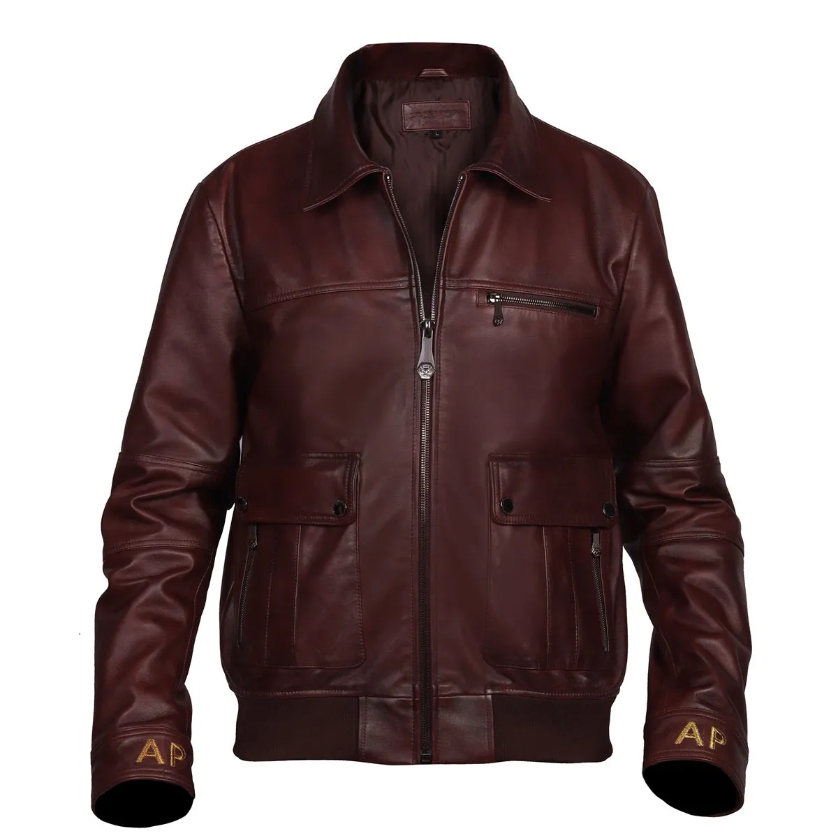 Dark Brown Leather Jacket Customized AP Embroidered Initial