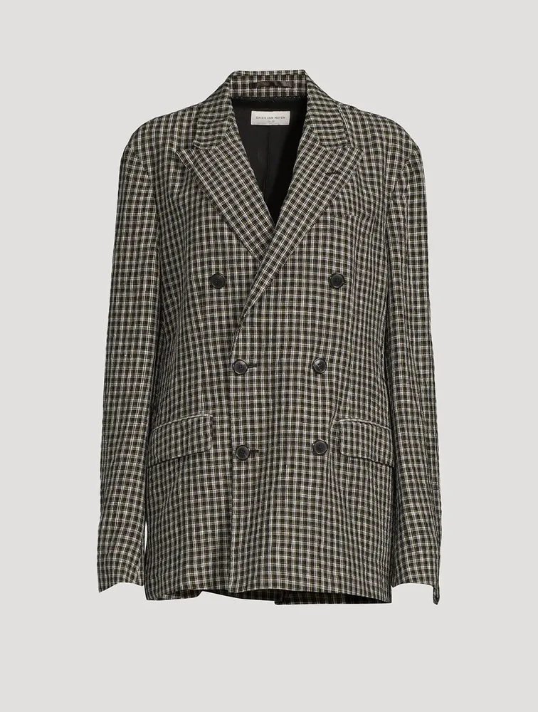 DRIES VAN NOTEN Balthus Linen Double-Breasted Jacket Check Print