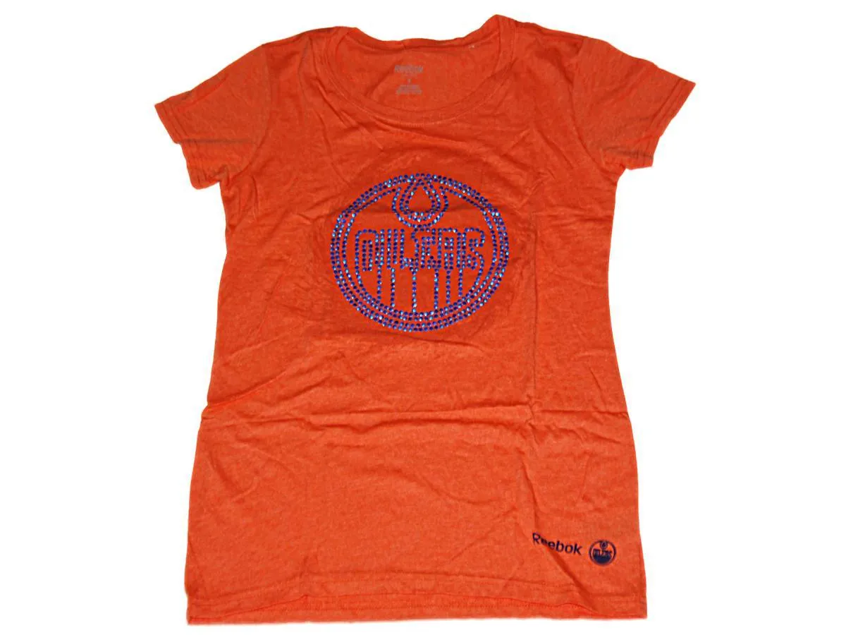 Edmonton Oilers Reebok Women Orange Beaded Logo Capped Sleeve T-Shirt (S)