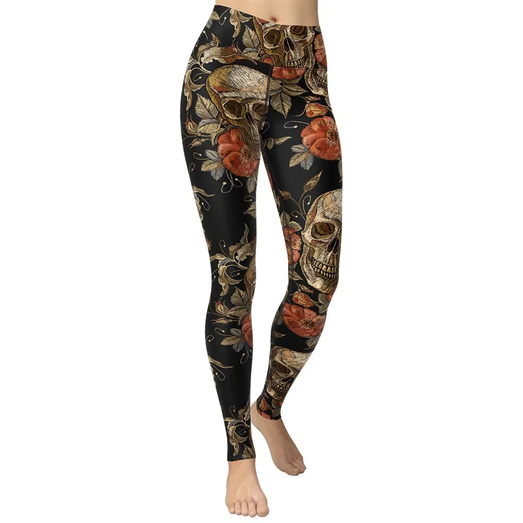 Embroidery Print Skull Yoga Leggings