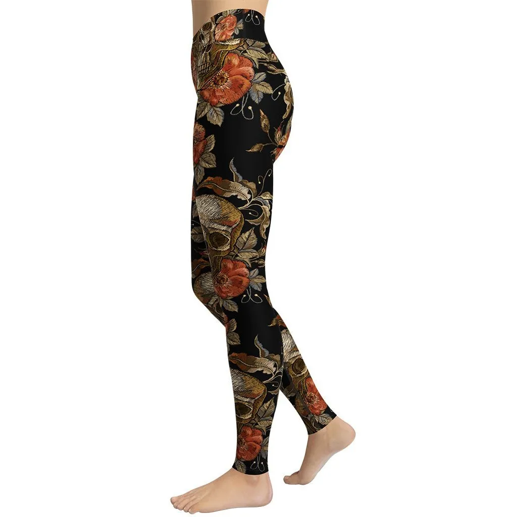 Embroidery Print Skull Yoga Leggings