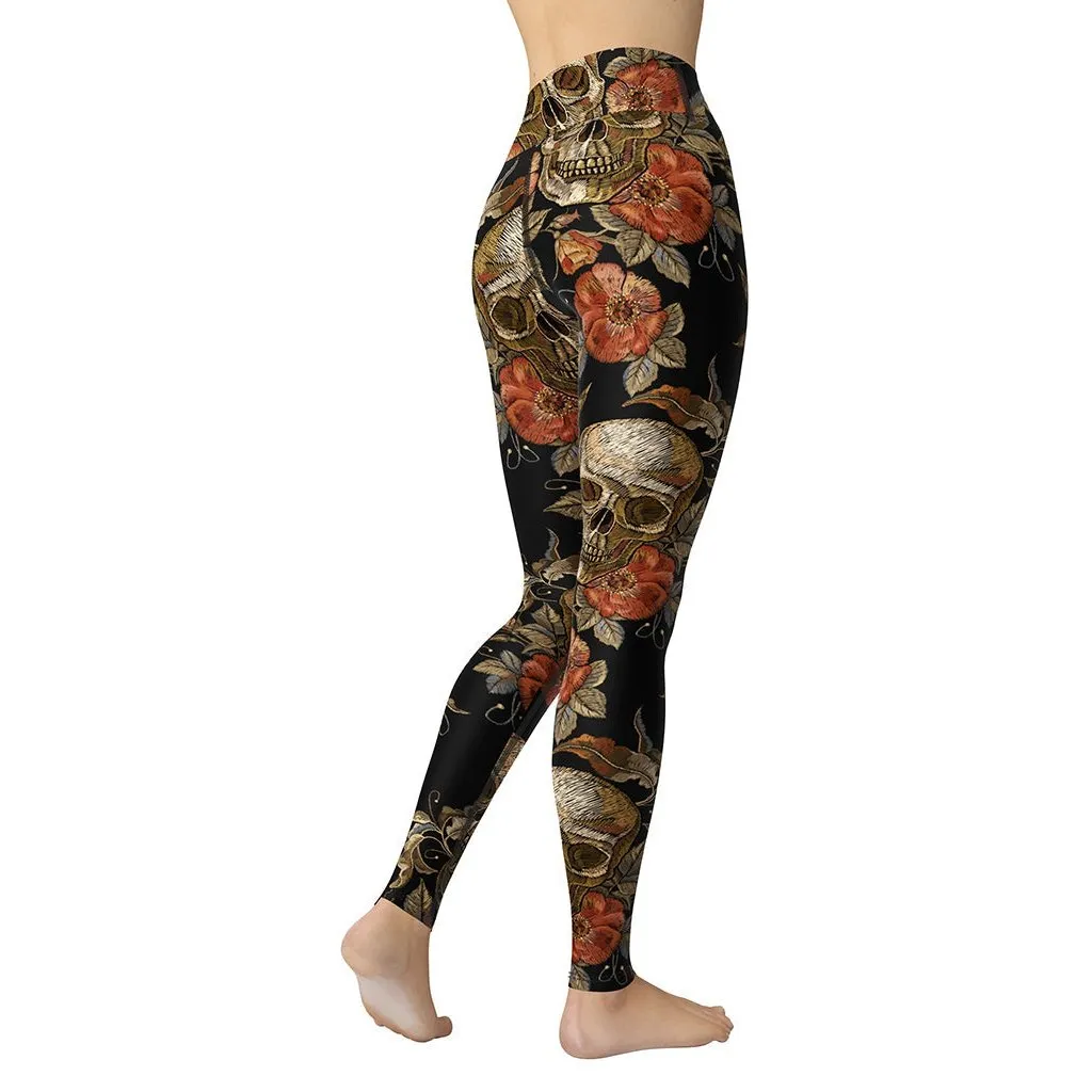 Embroidery Print Skull Yoga Leggings