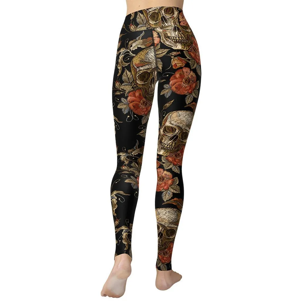 Embroidery Print Skull Yoga Leggings