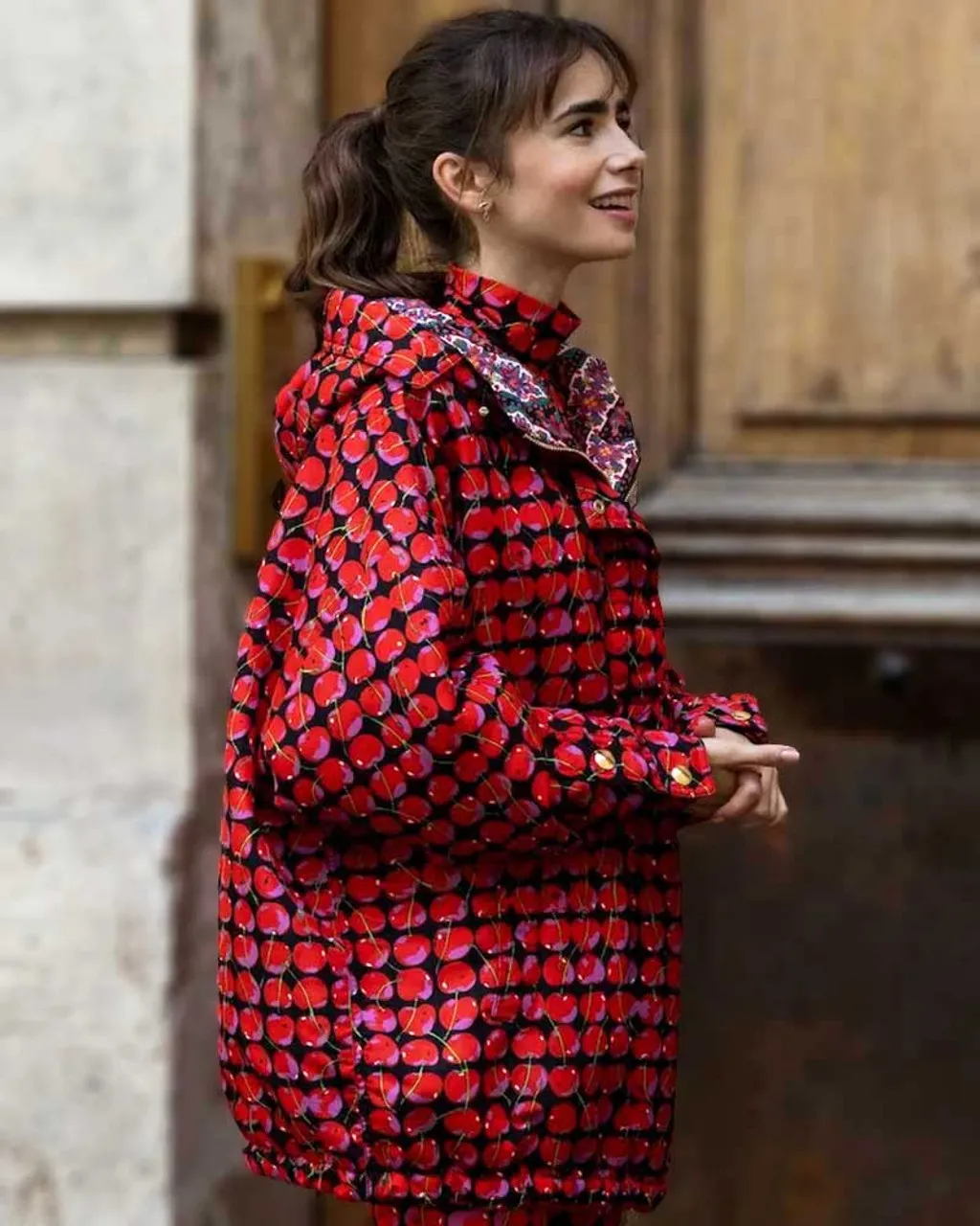 Emily In Paris S03 Lily Collins Red Cherry Printed Jacket