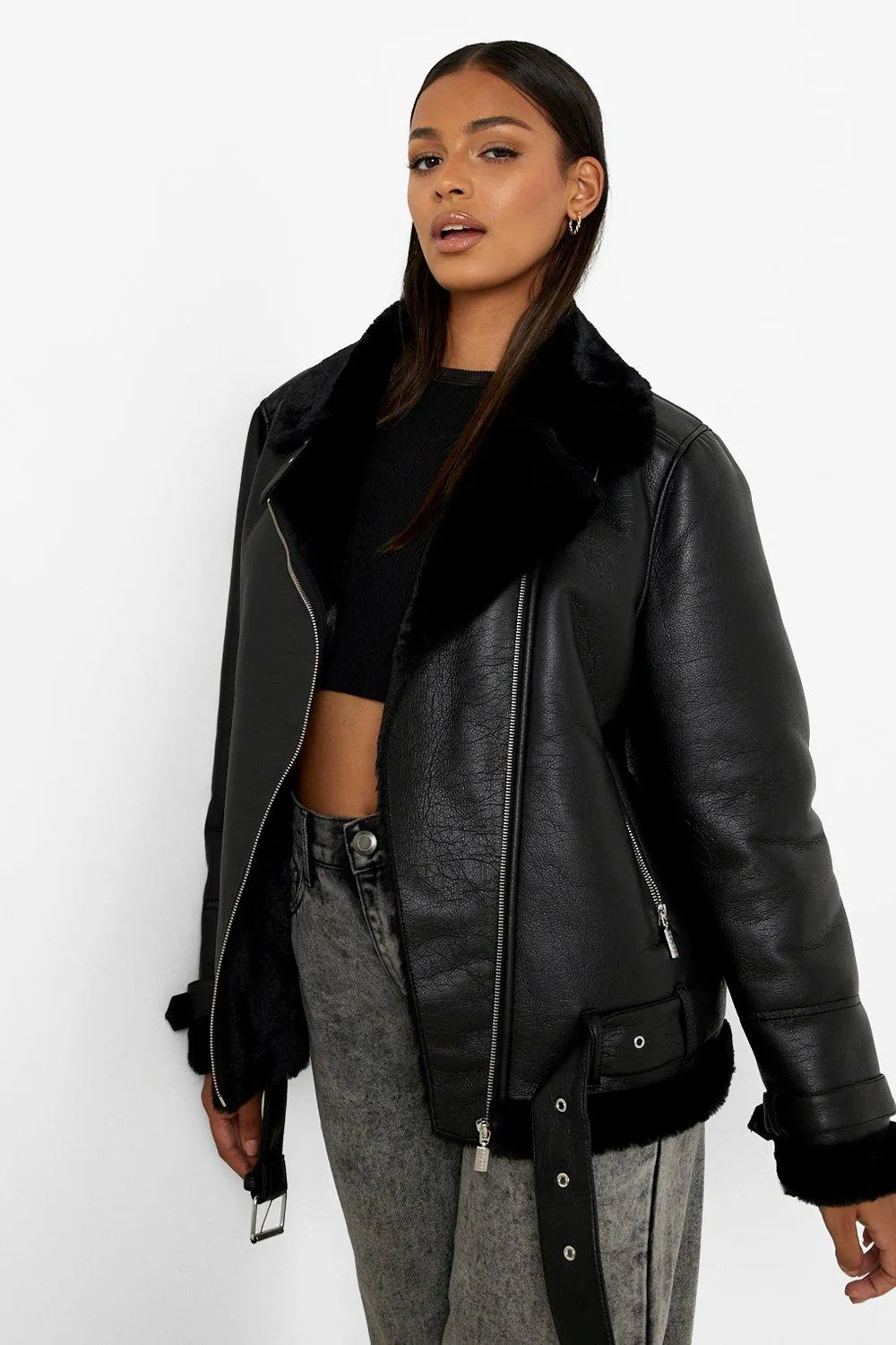 Faux Leather Lined Oversized Aviator Jacket