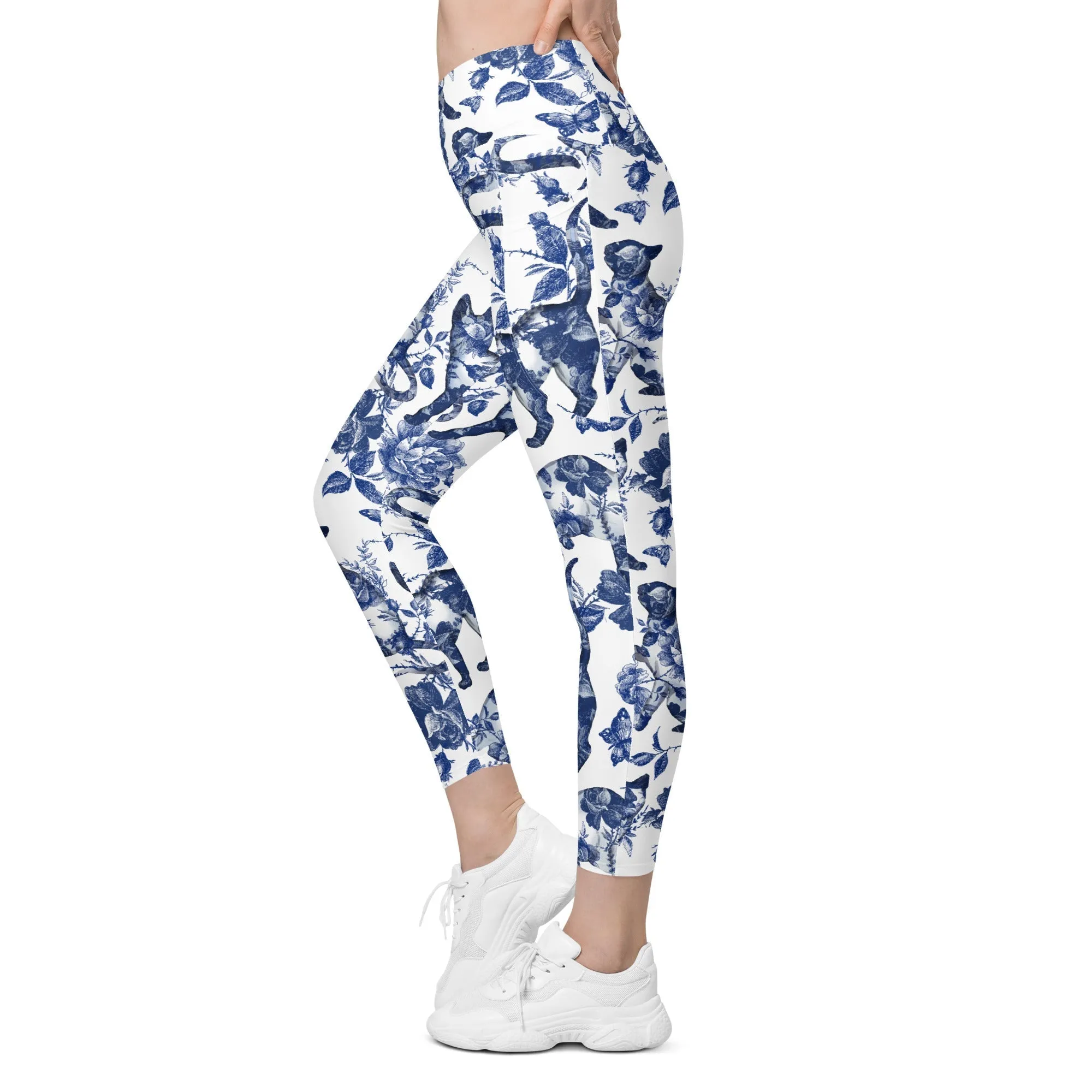 Floral Porcelain Cats Crossover Leggings With Pockets