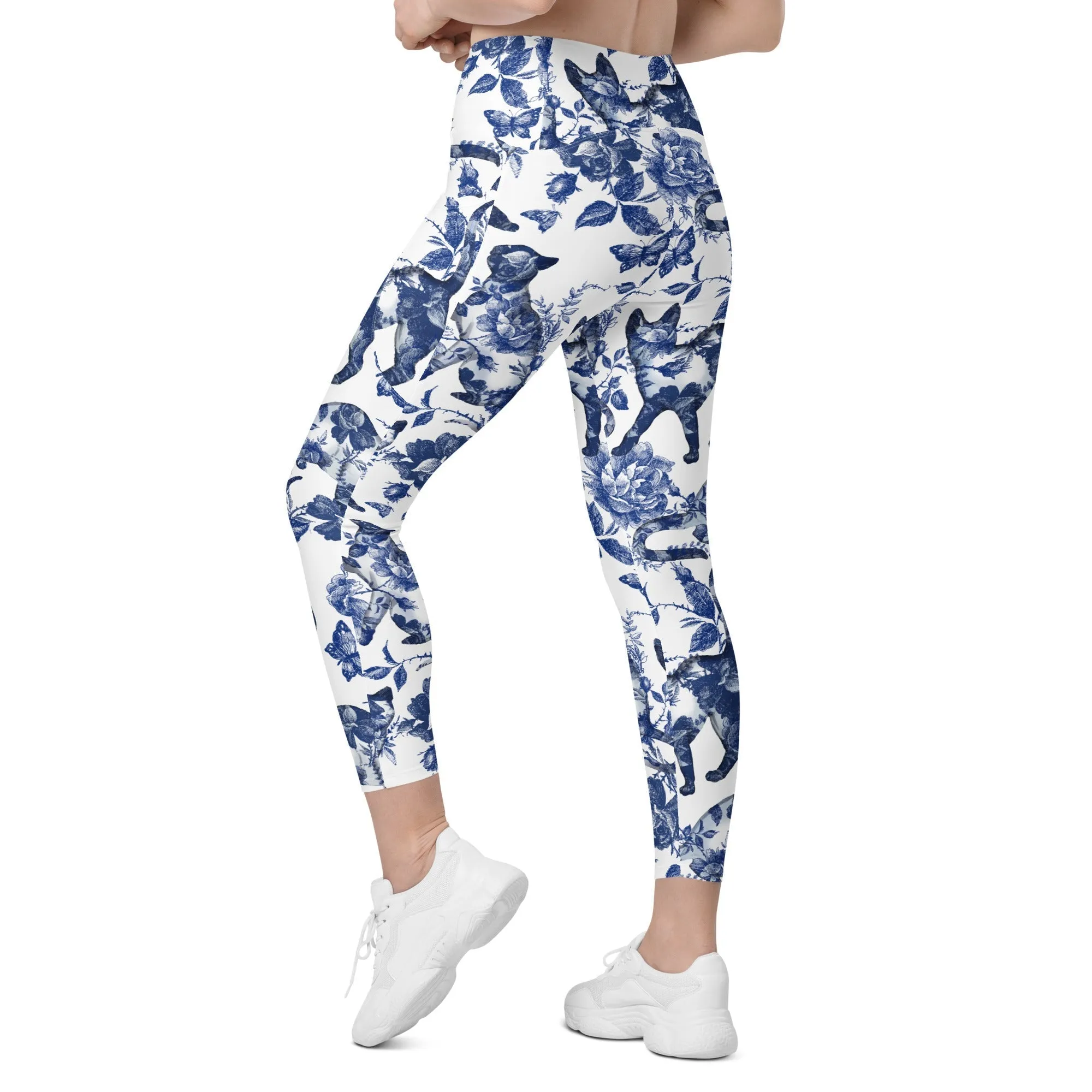 Floral Porcelain Cats Crossover Leggings With Pockets