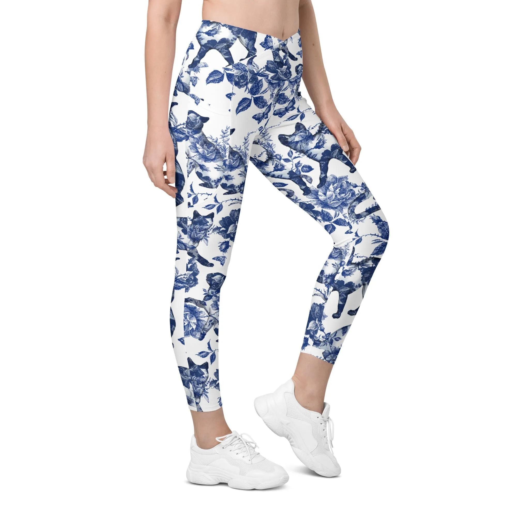 Floral Porcelain Cats Crossover Leggings With Pockets