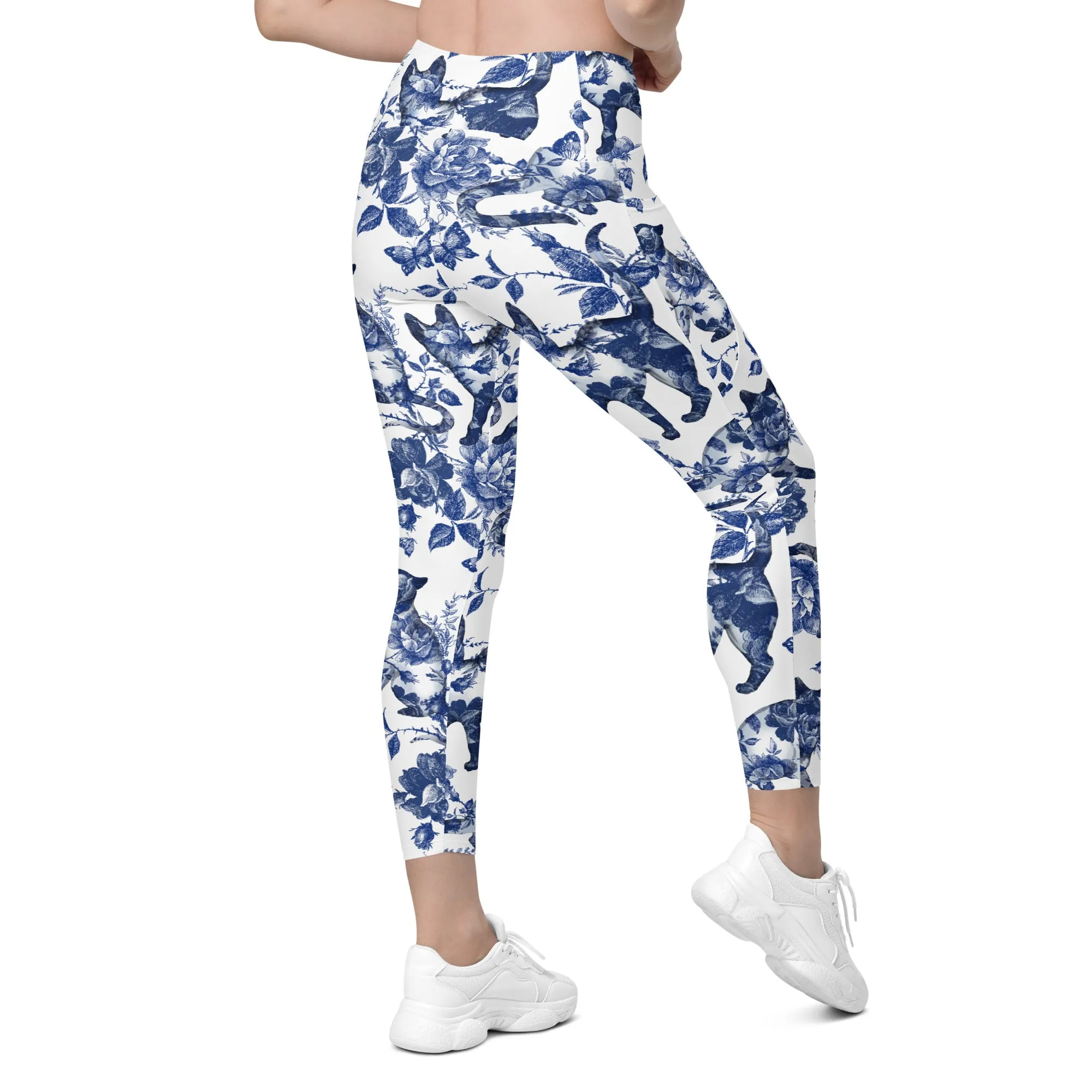 Floral Porcelain Cats Crossover Leggings With Pockets