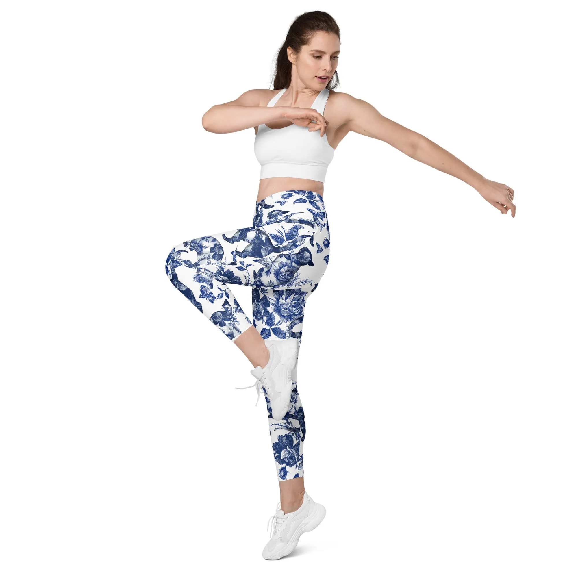 Floral Porcelain Cats Crossover Leggings With Pockets