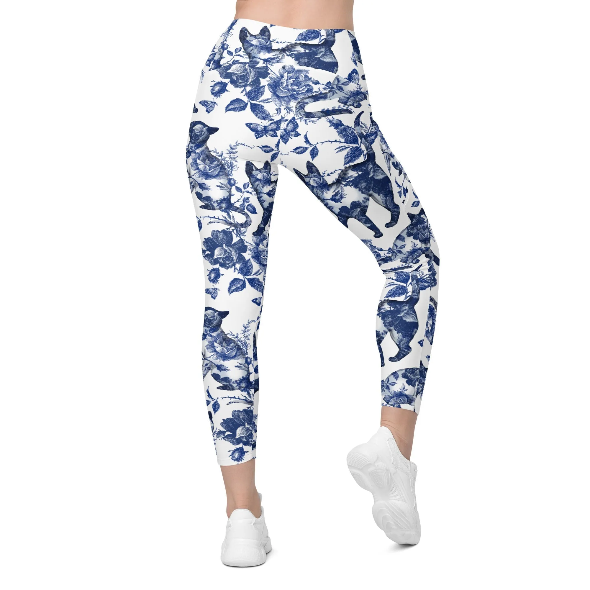 Floral Porcelain Cats Crossover Leggings With Pockets