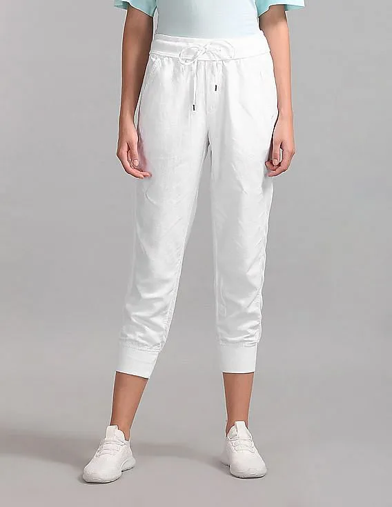 GAP Women White Drawstring Joggers In Linen