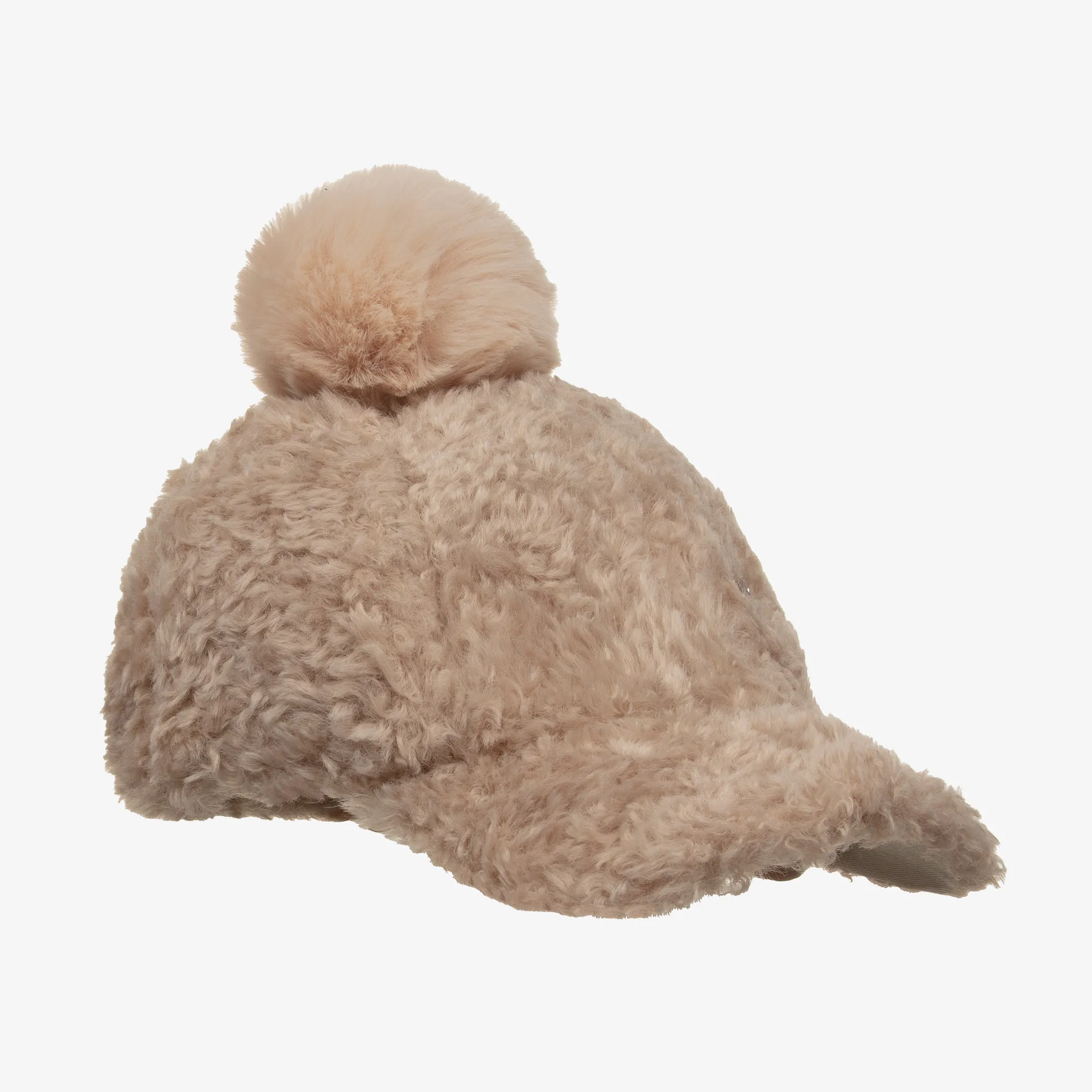 Girls Beige Teddy Fleece Pom-Pom Cap