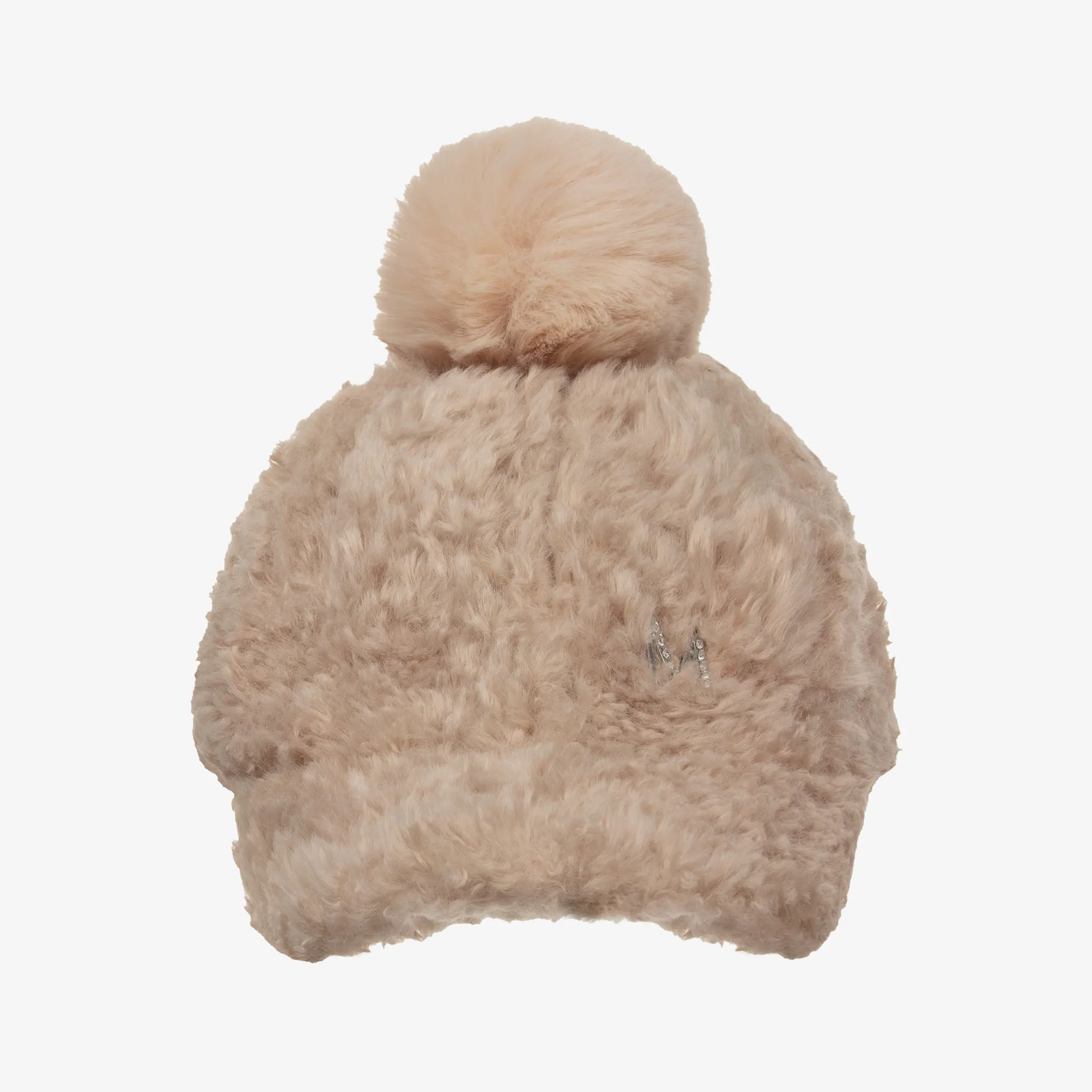 Girls Beige Teddy Fleece Pom-Pom Cap