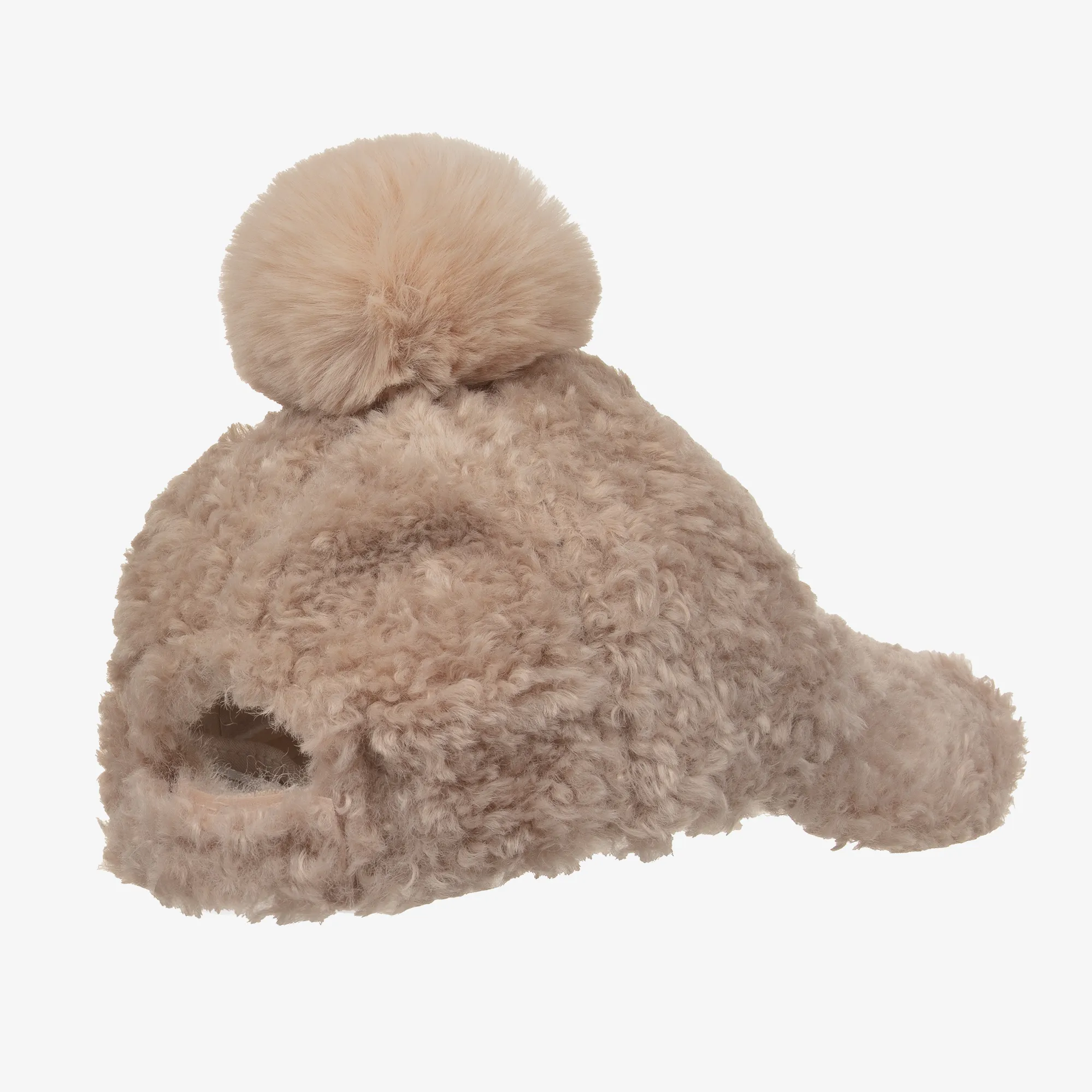 Girls Beige Teddy Fleece Pom-Pom Cap