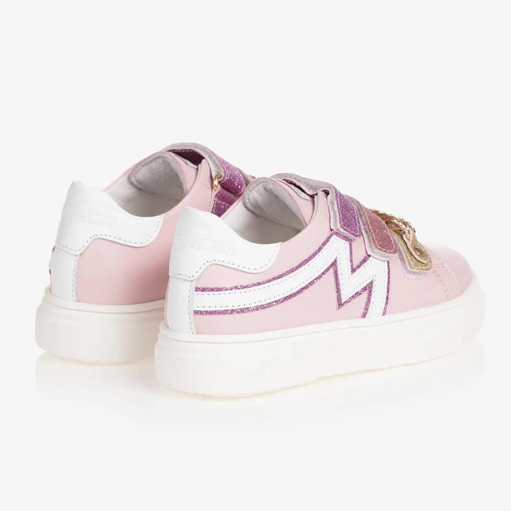 Girls Pink Leather Glitter Velcro Trainers