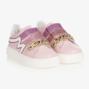 Girls Pink Leather Glitter Velcro Trainers