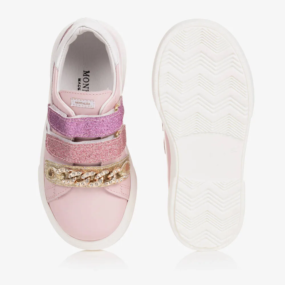 Girls Pink Leather Glitter Velcro Trainers