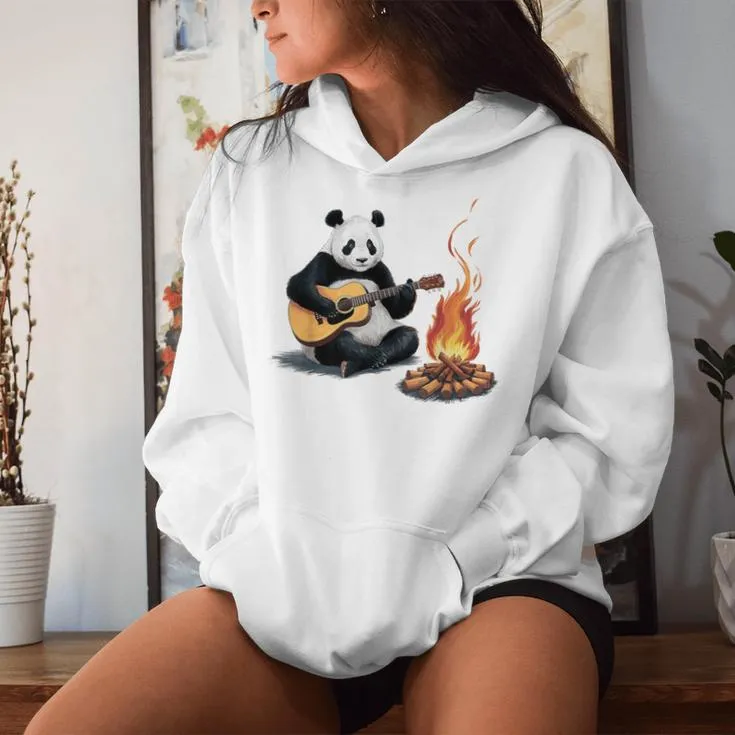 Graphic Panda Playing Guitar With Campfire Women Hoodie