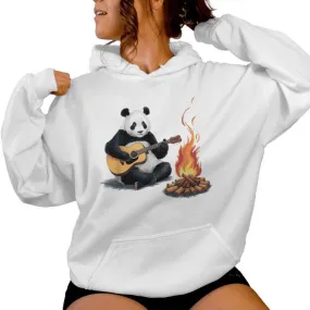 Graphic Panda Playing Guitar With Campfire Women Hoodie