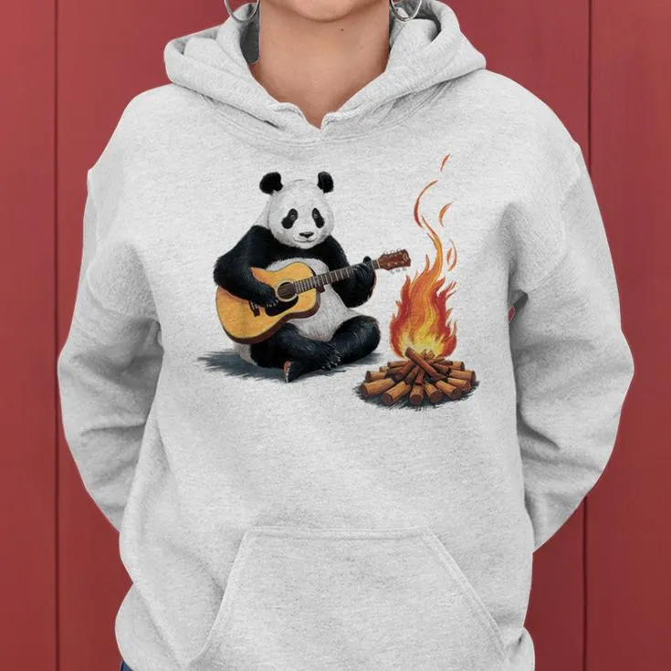 Graphic Panda Playing Guitar With Campfire Women Hoodie