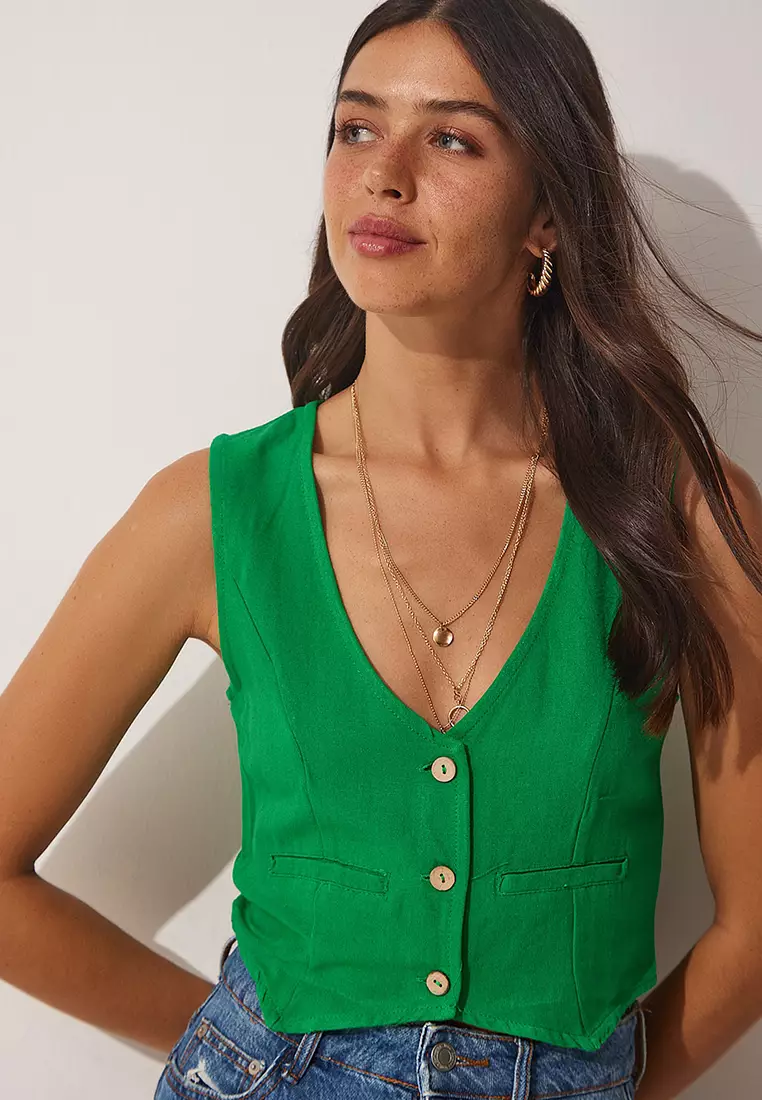 Happiness Istanbul V-Neck Linen Vest