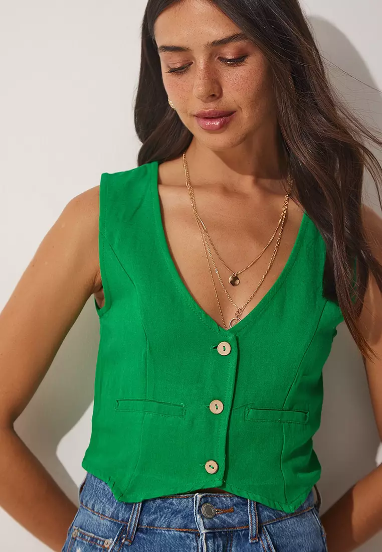 Happiness Istanbul V-Neck Linen Vest