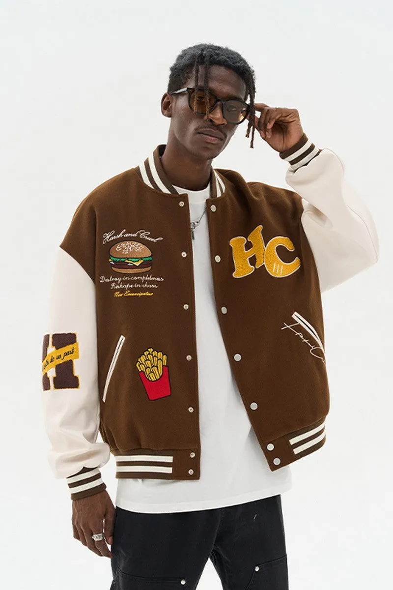 H/C Cartoon Meal Embroidered Varsity Jacket