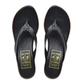 Island Slipper Leather Thong Wedge Black