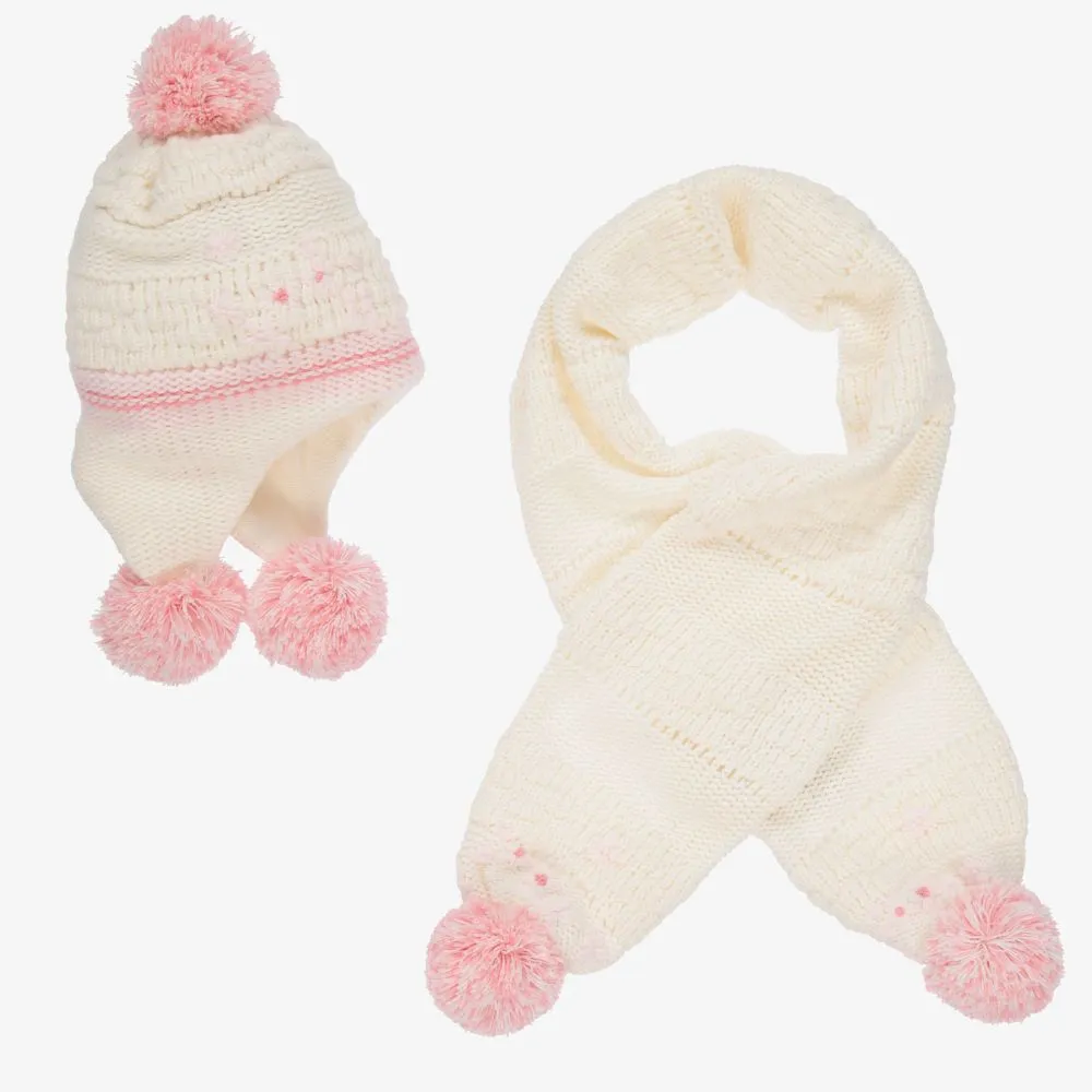 Ivory & Pink Knitted Hat Set