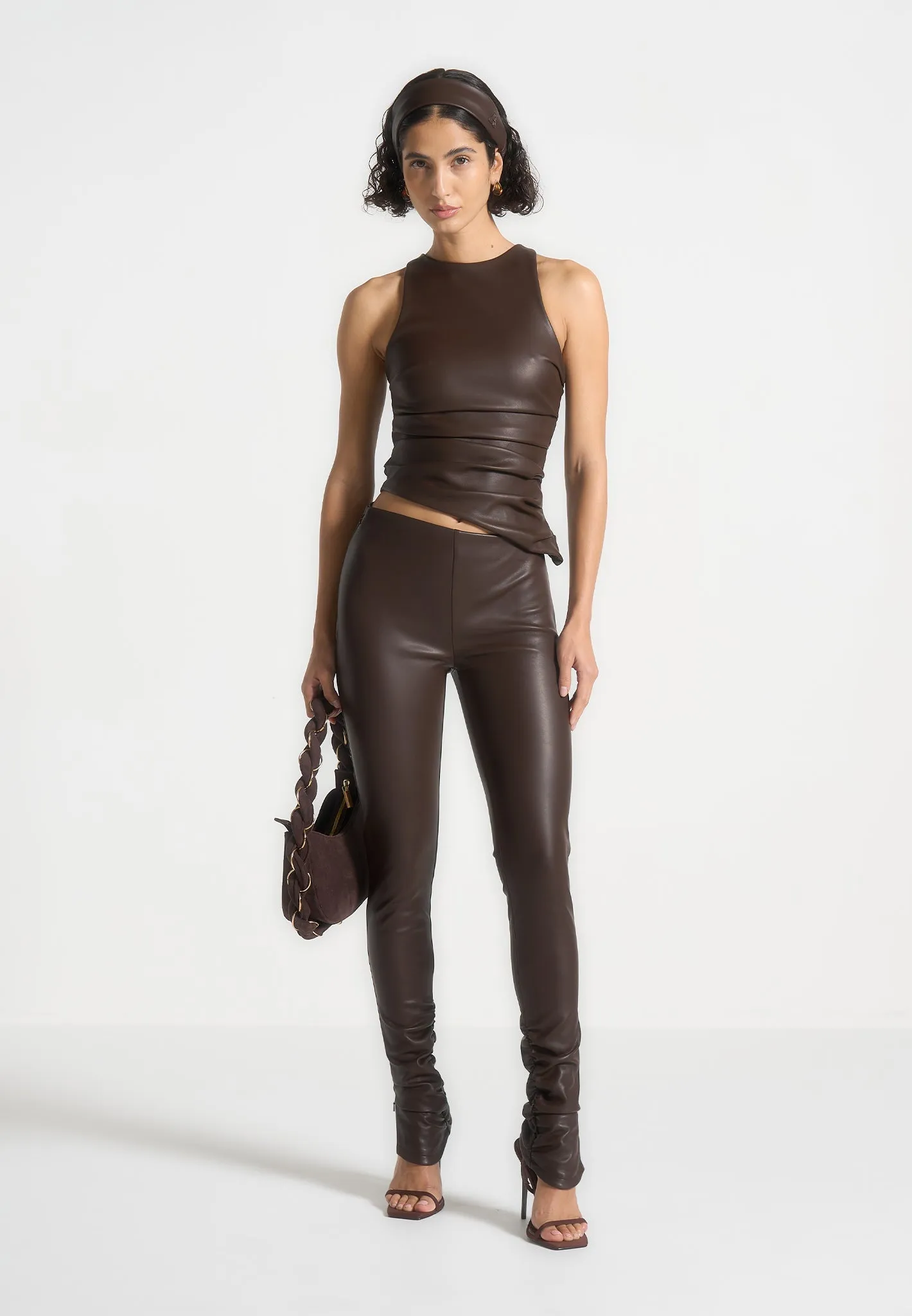 Leather Angled Waistband Leggings - Brown