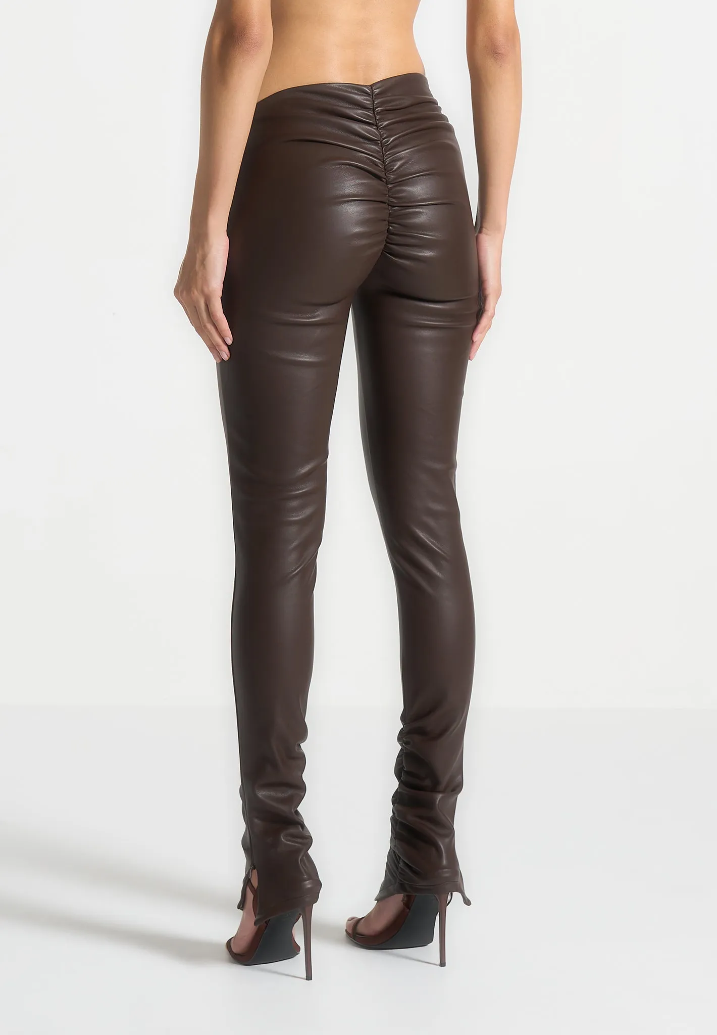 Leather Angled Waistband Leggings - Brown