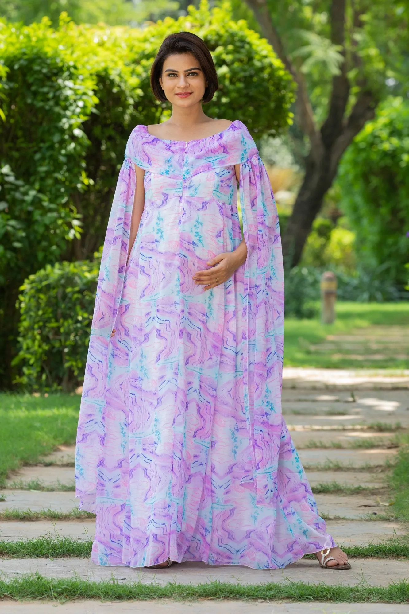 Lilac Breezy Flying Sleeves Maternity & Nursing Dress