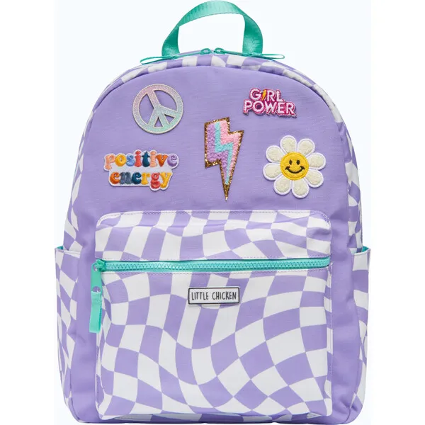 Little Chicken Checkered Pattern Backpack With Patches, Purple