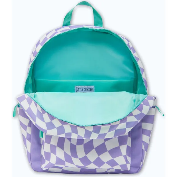 Little Chicken Checkered Pattern Backpack With Patches, Purple