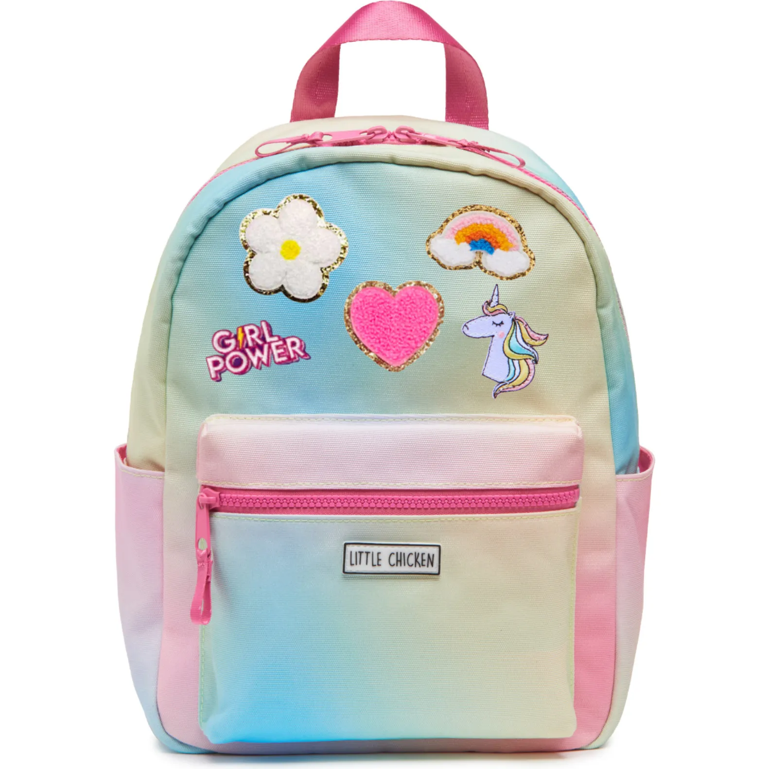 Little Chicken Small Rainbow Backpack With Patches, Pink & Multicolors