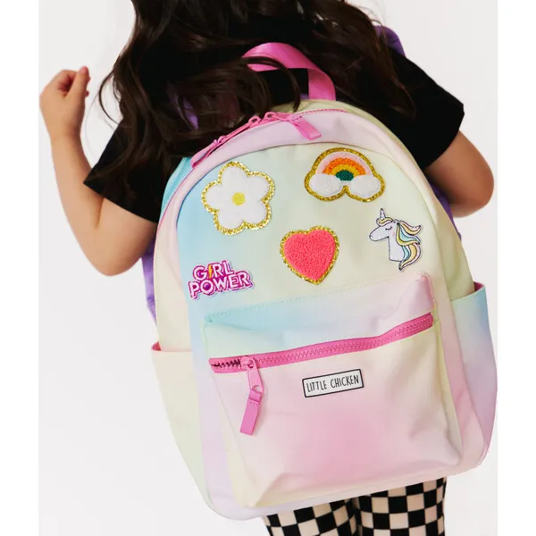 Little Chicken Small Rainbow Backpack With Patches, Pink & Multicolors